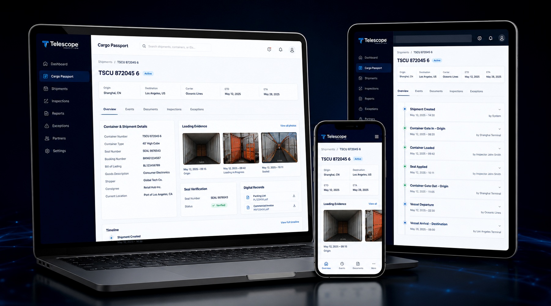 Cargo Passport digital evidence dashboard on multiple devices