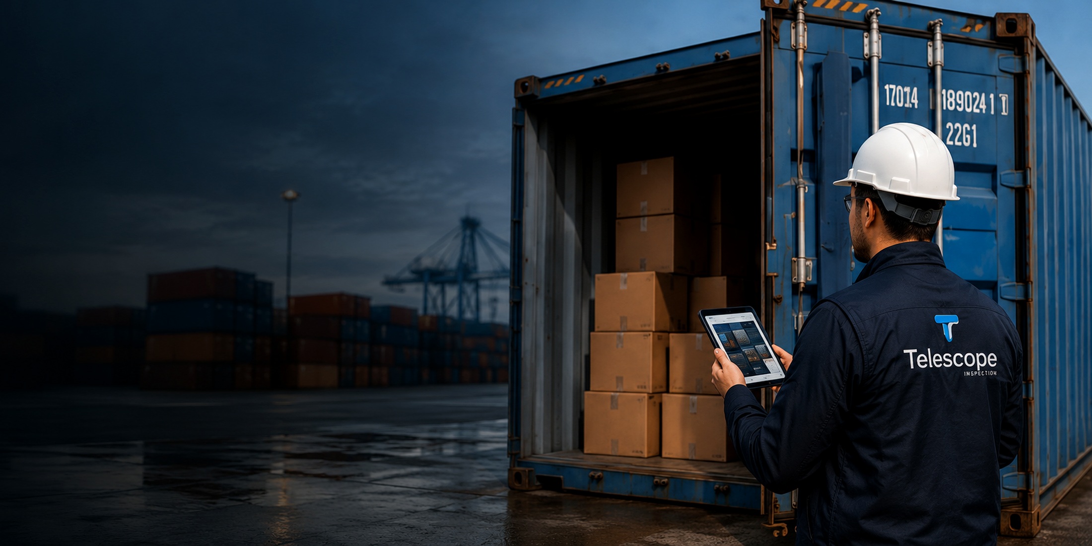 Telescope inspector documenting container loading evidence at origin